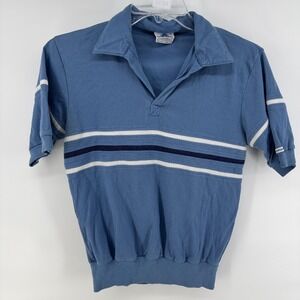 Vintage Saturdays Polo Shirt Mens XL Blue Stripe Knit Banded Hem 1970s